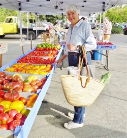 Farmers' Market in Healdsburg, Sonoma County. Mary Hafner shopping for her week's meals.