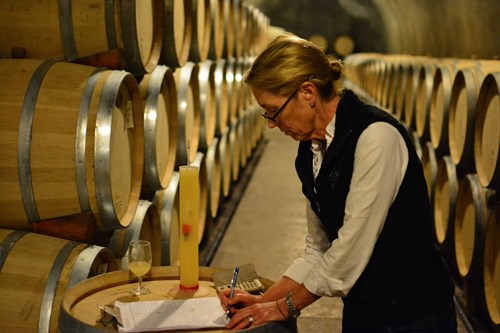 Sarah Hafner notes the rate of Chardonnay fermentation at Hafner Vineyard.