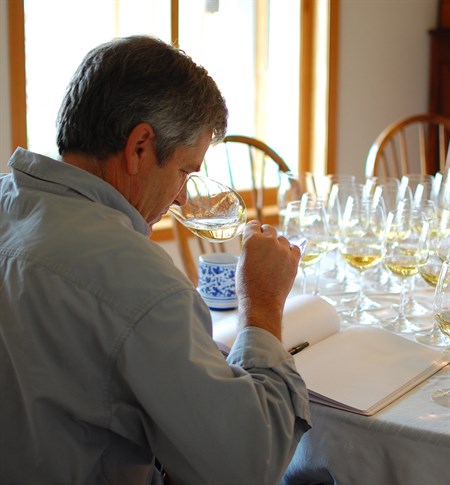 Parke Hafner tastes Chardonnays at Hafner Vineyard