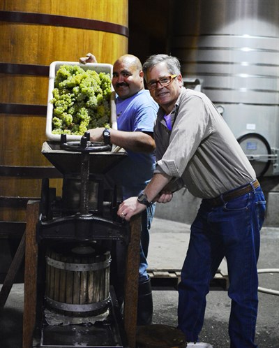 Parke and Ricardo pressing Chardonnay